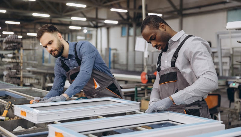 Factory workers assembling vinyl windows in Canada