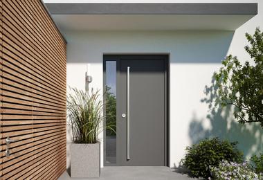 Modern entry door with canopy and plants at a Toronto home