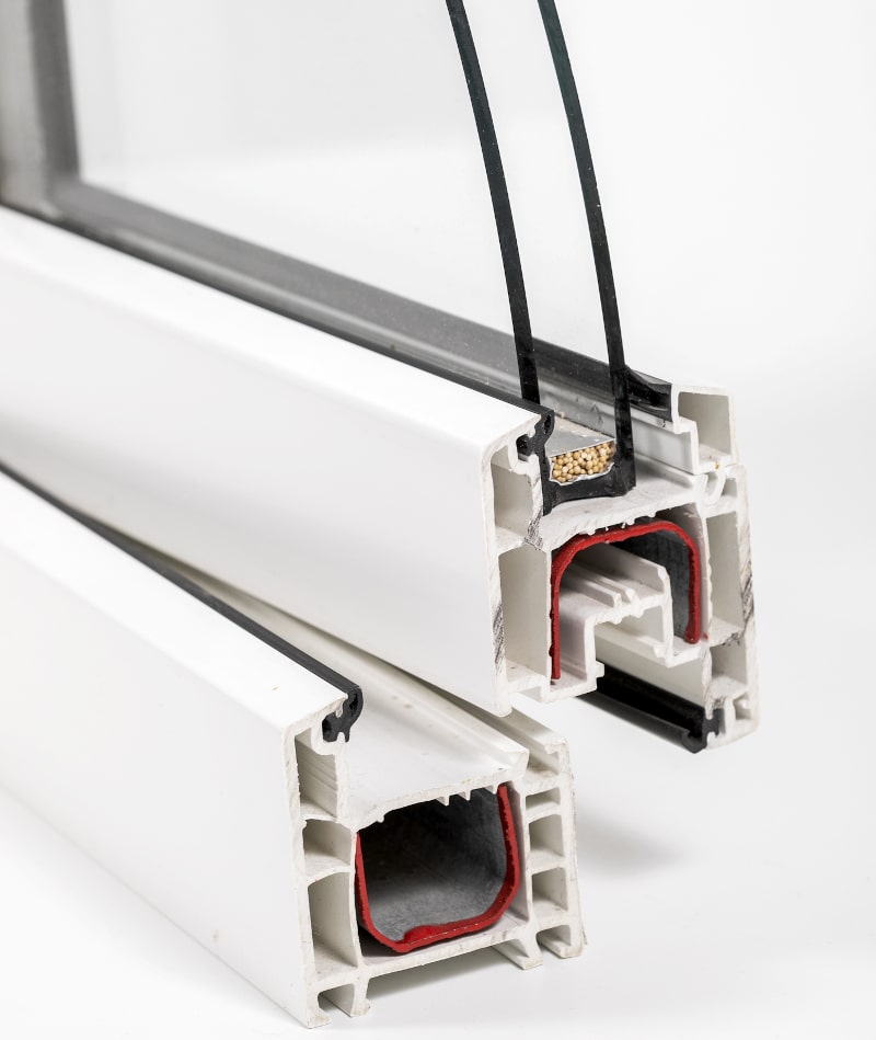 Cross-section of double-glazed window with visible spacer bar