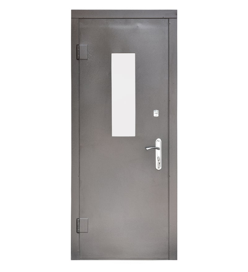 Industrial-grade metal fire-rated door in a white interior wall