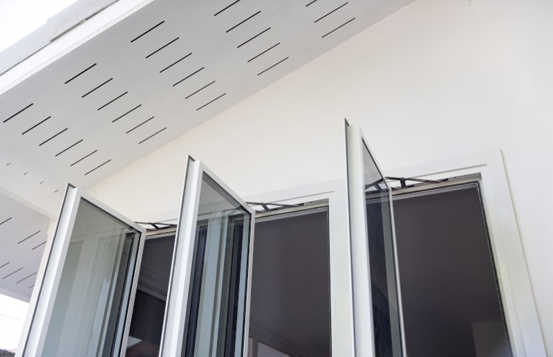 Multi-panel casement window opens outward for full airflow