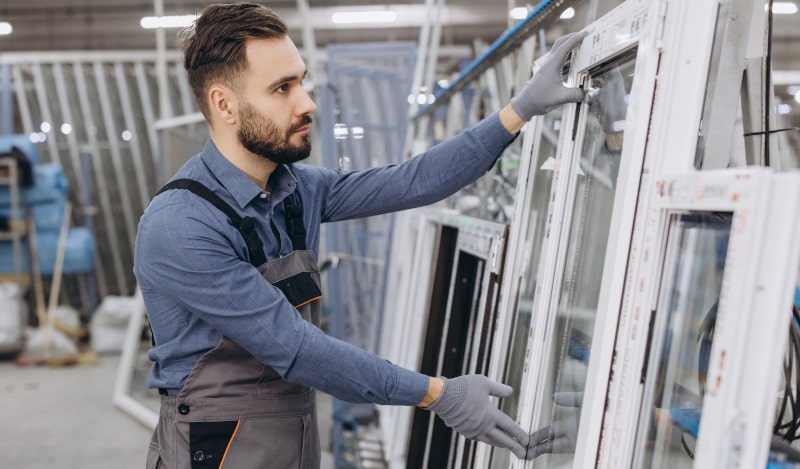 Factory worker checking the quality of aluminum and PVC windows before delivery